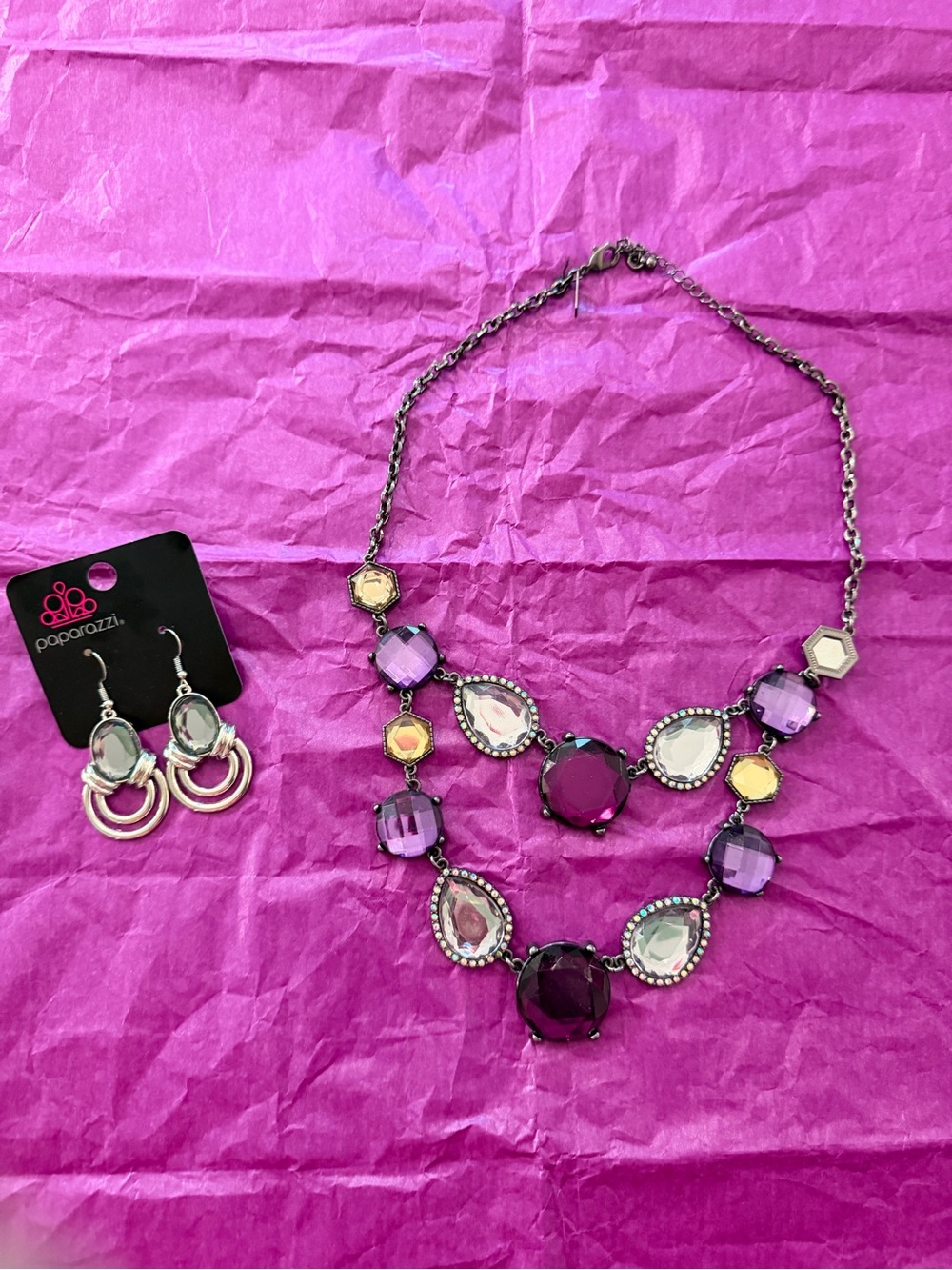 paparazzi Purple & Yellow Multi-Gem Layered Necklace with Matching Earrings